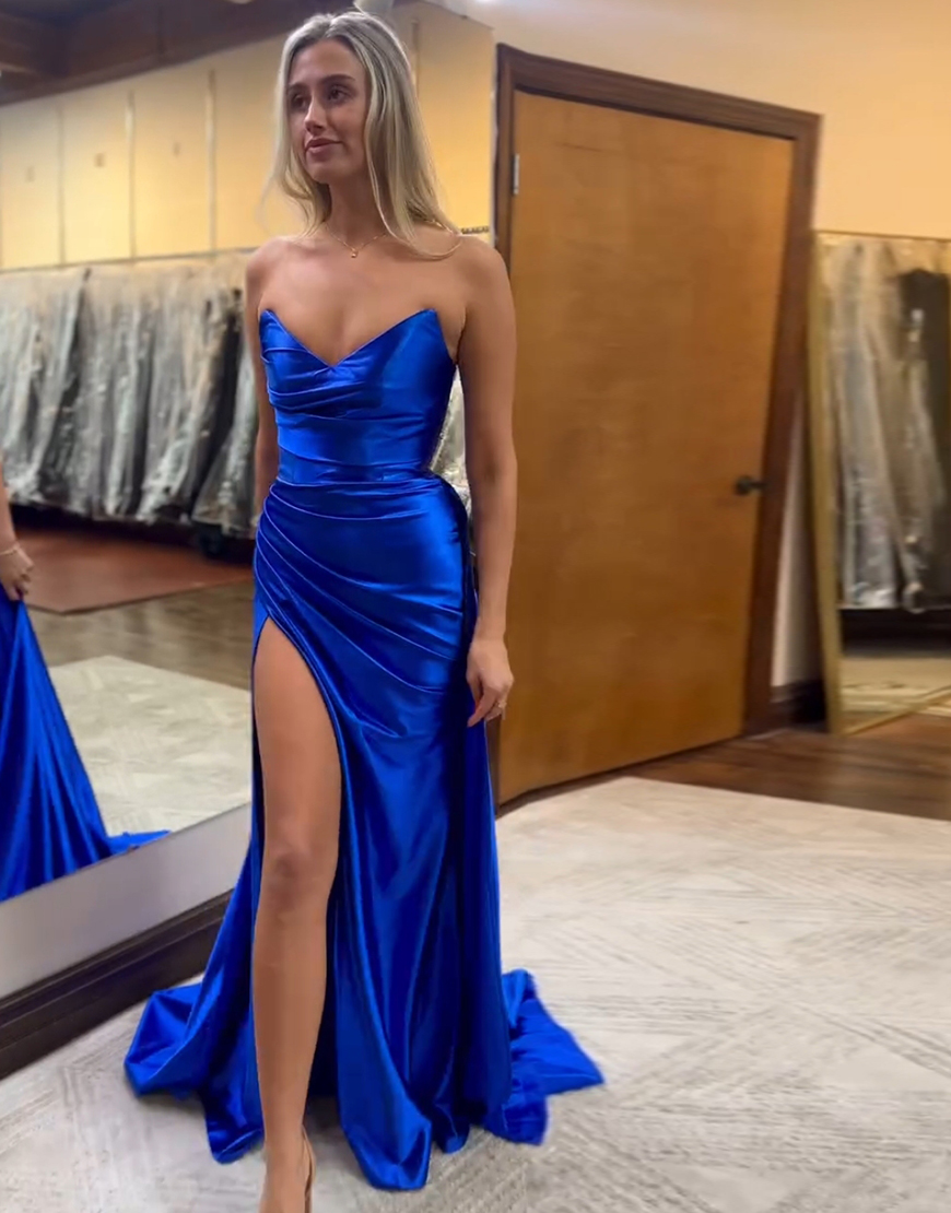 Black Mermaid Strapless Ruched Slit Long Prom Dress with Sweeping Train