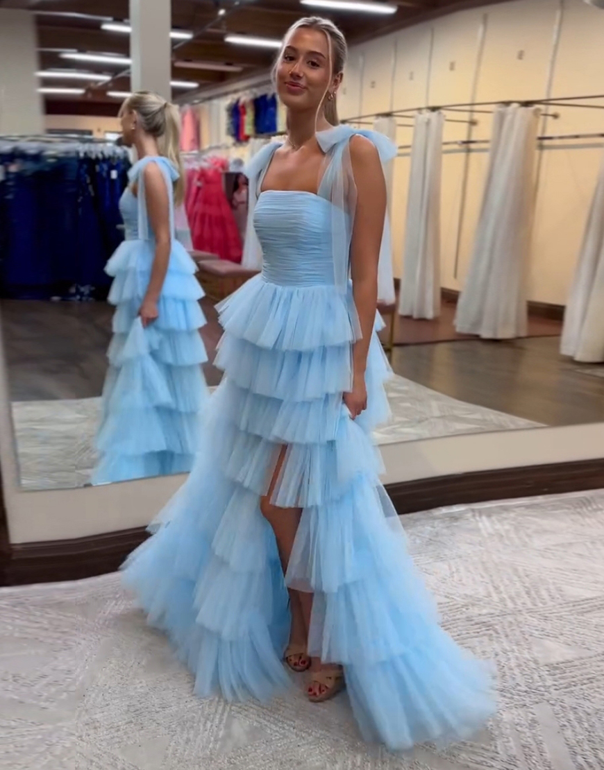 Blue A-Line Ruffles Tulle Bow Tie Straps Long Prom Dress with Slit