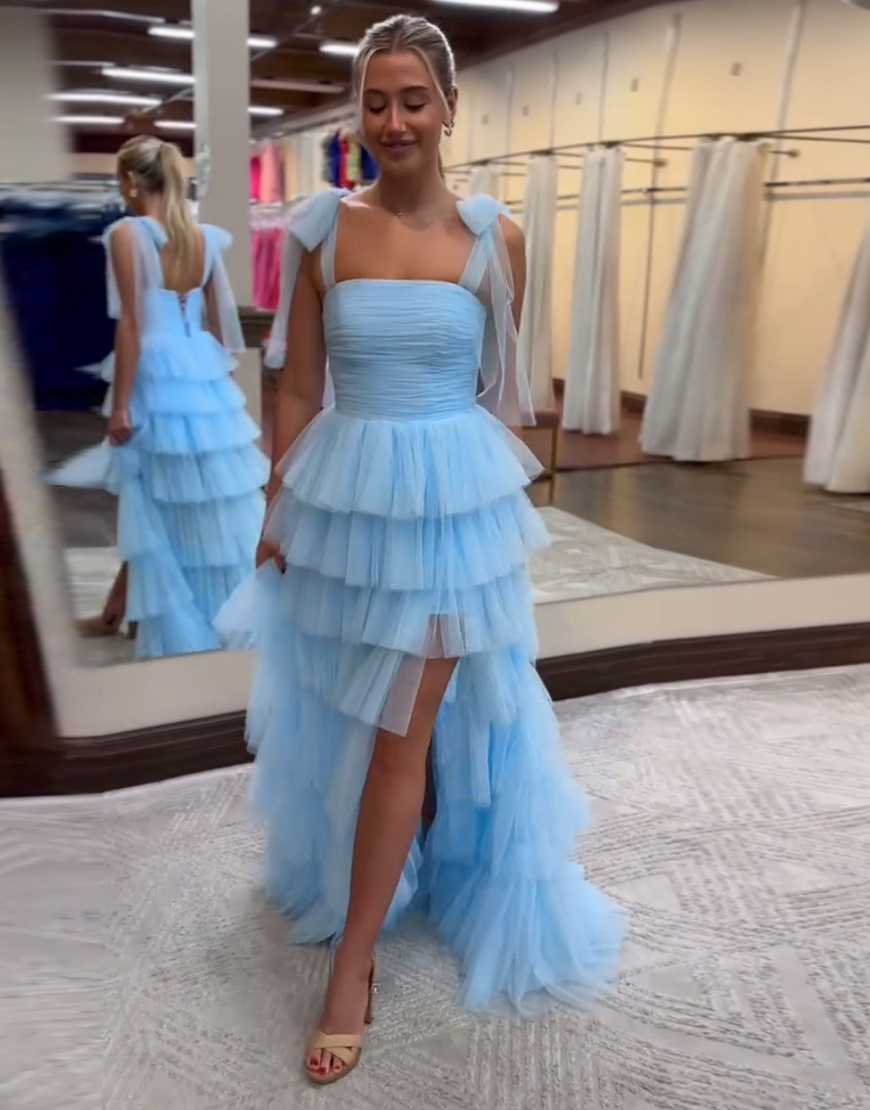 Blue A-Line Ruffles Tulle Bow Tie Straps Long Prom Dress with Slit