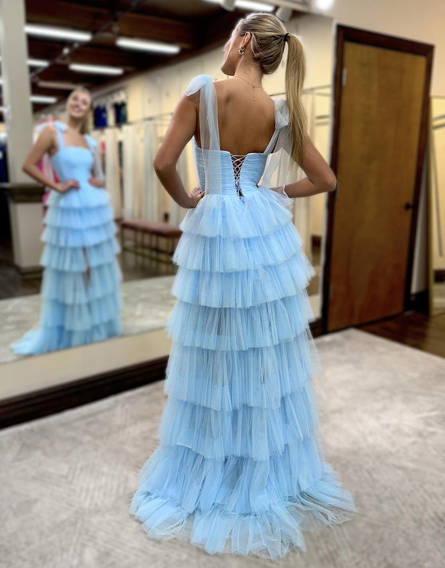Blue A-Line Ruffles Tulle Bow Tie Straps Long Prom Dress with Slit