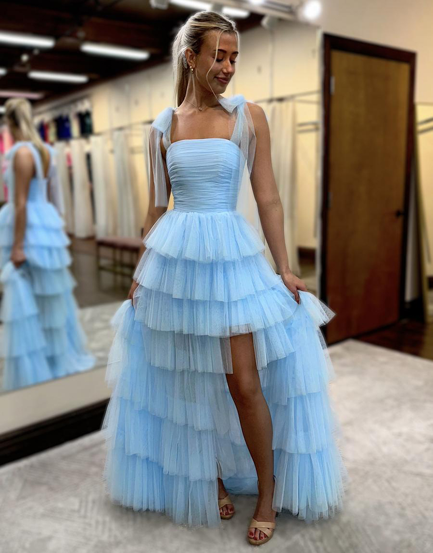 Blue A-Line Ruffles Tulle Bow Tie Straps Long Prom Dress with Slit
