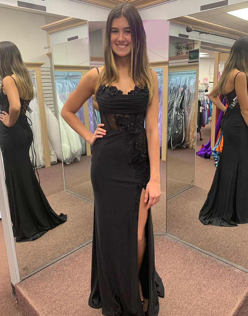 Sparkly Black Mermaid Spaghetti Straps Beaded Appliques Corset Long Prom Dress with Slit