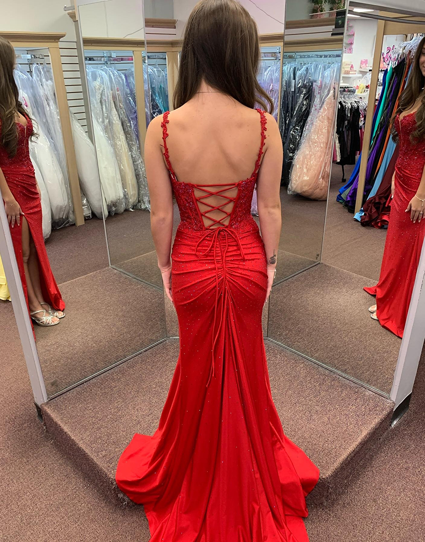 Sparkly Red Mermaid Spaghetti Straps Corset Appliques Beaded Long Prom Dress with Slit
