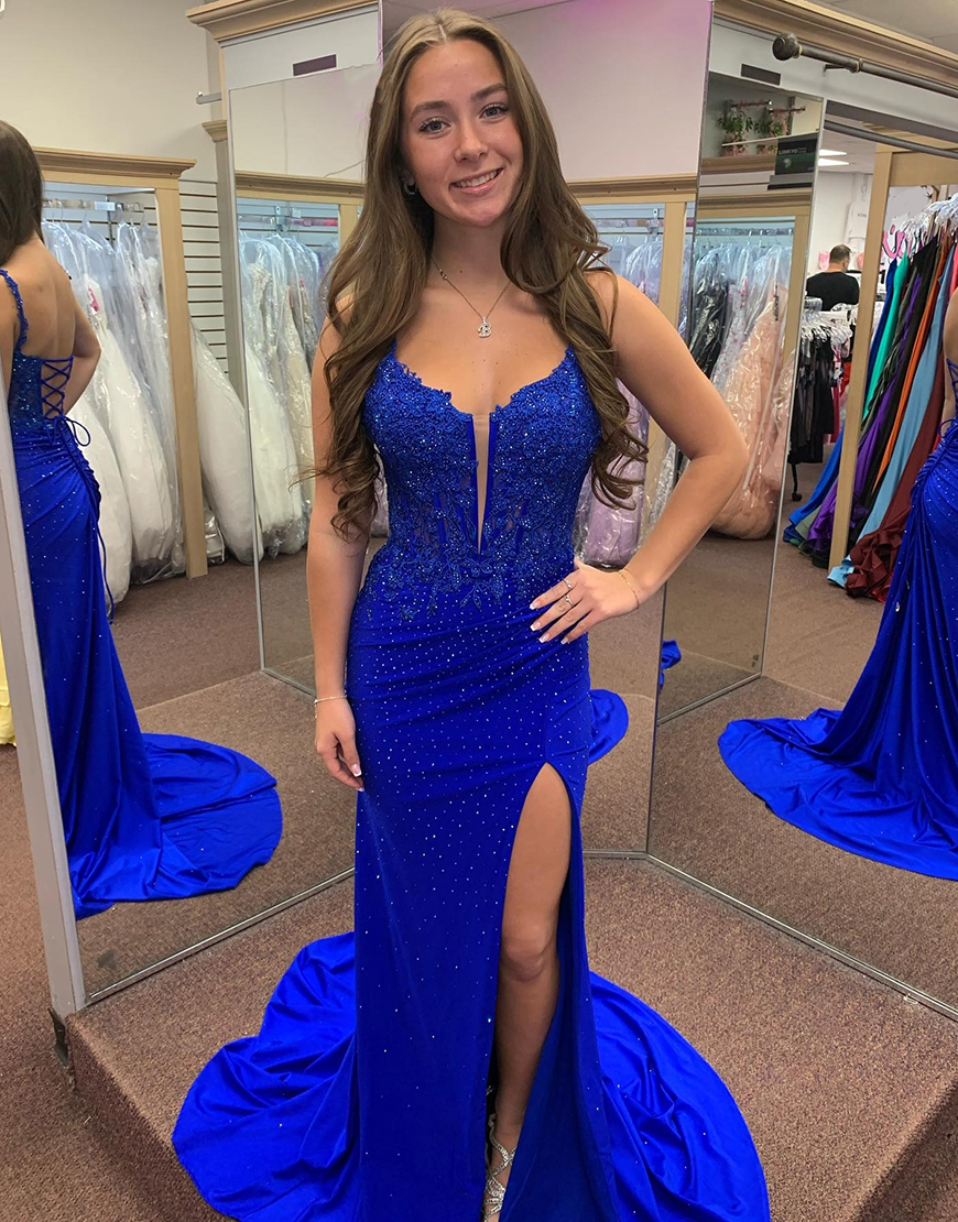 Sparkly Red Mermaid Spaghetti Straps Corset Appliques Beaded Long Prom Dress with Slit