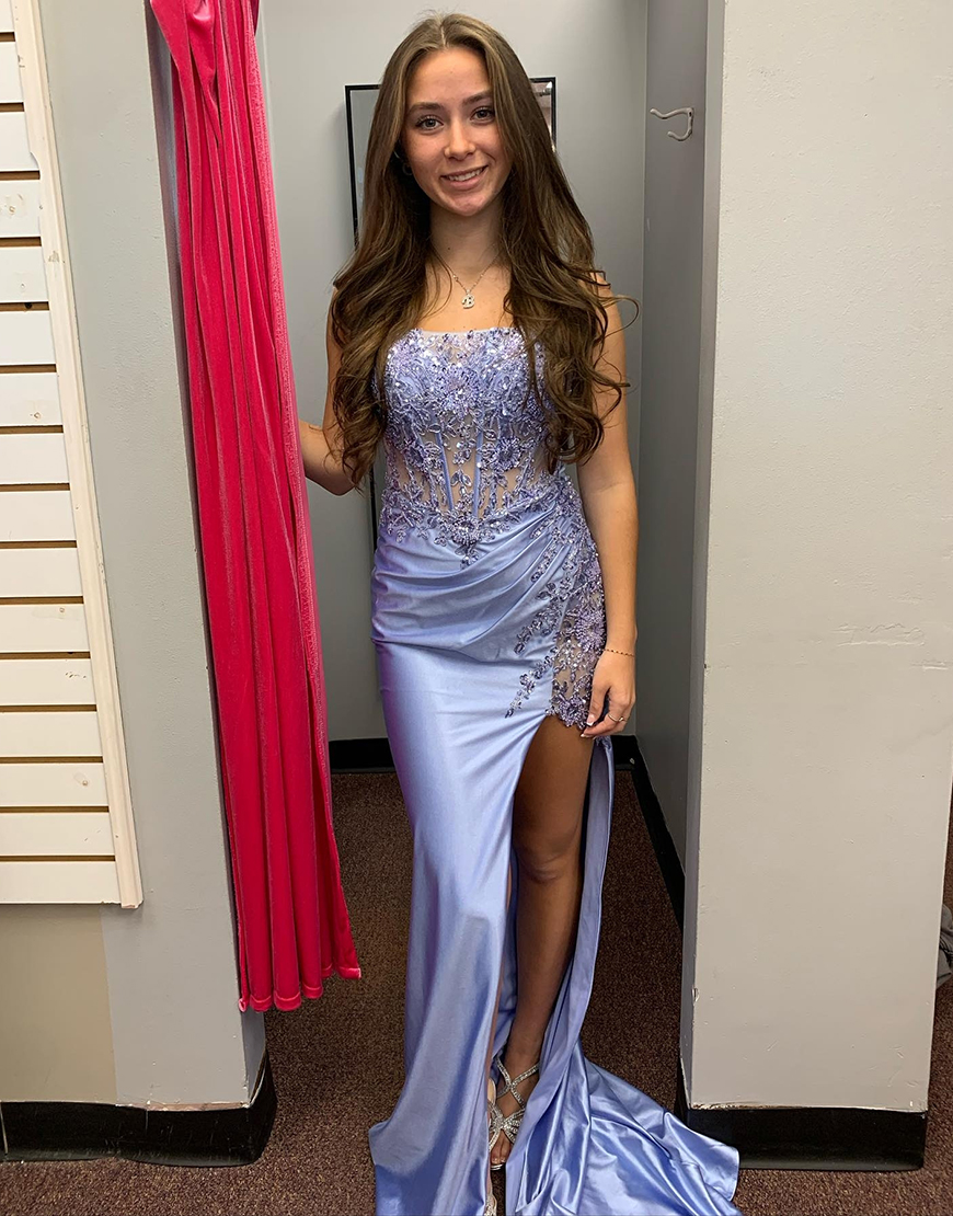 Sparkly Grey Blue Mermaid Strapless Appliques Corset Long Prom Dress with Slit