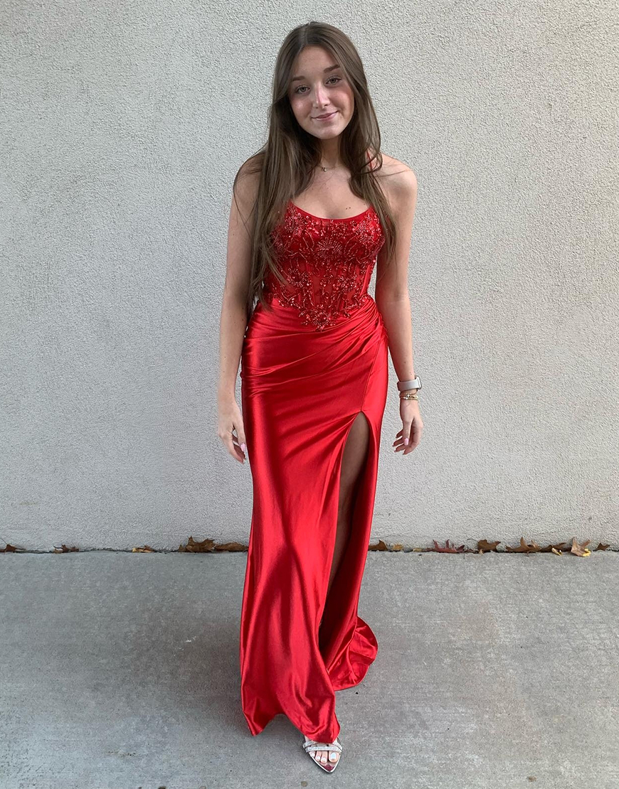 Sparkly Red Mermaid Spaghetti Straps Sequined Appliques Corset Long Prom Dress with Slit
