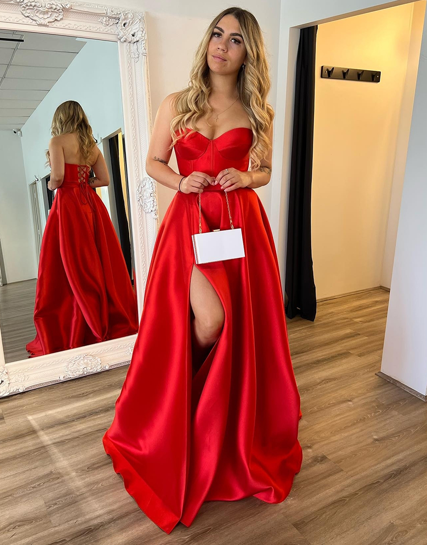 Red A-Line Strapless Corset Satin Long Prom Dress with Slit