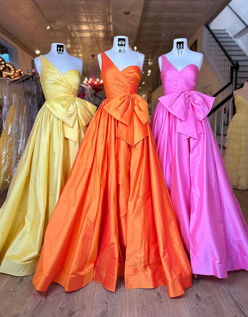 Orange A-Line One Shoulder Long Prom Dress with Bow
