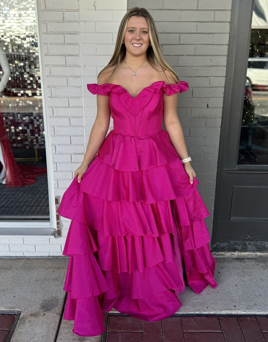 Fuchsia A-Line Off the Shoulder Corset Ruffles Long Prom Dress
