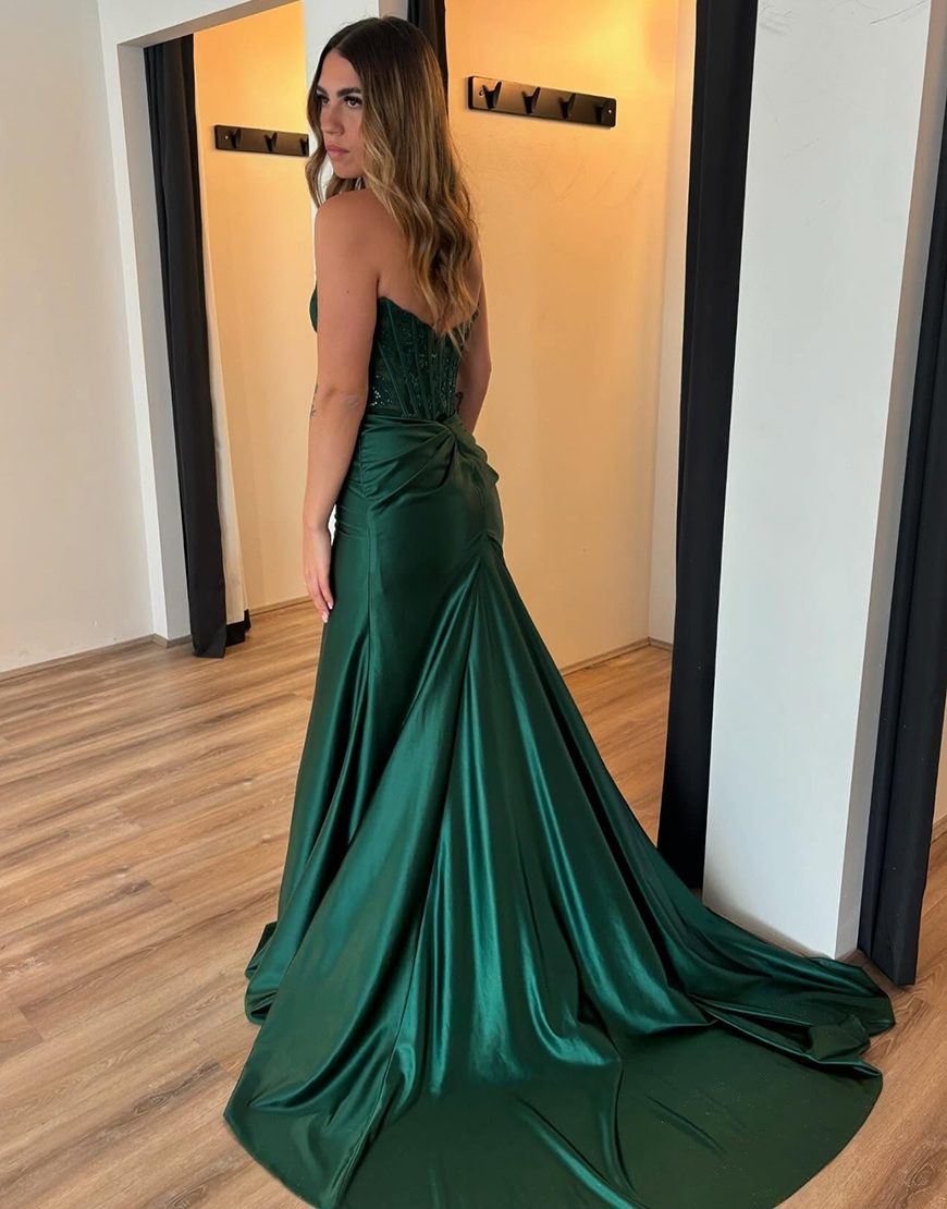Sparkly Dark Green Mermaid Strapless Corset Satin Long Prom Dress with Slit