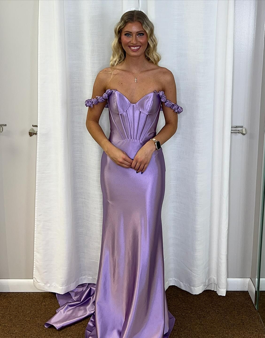 Lilac Mermaid Flowers Off the Shoulder Corset Long Prom Dress