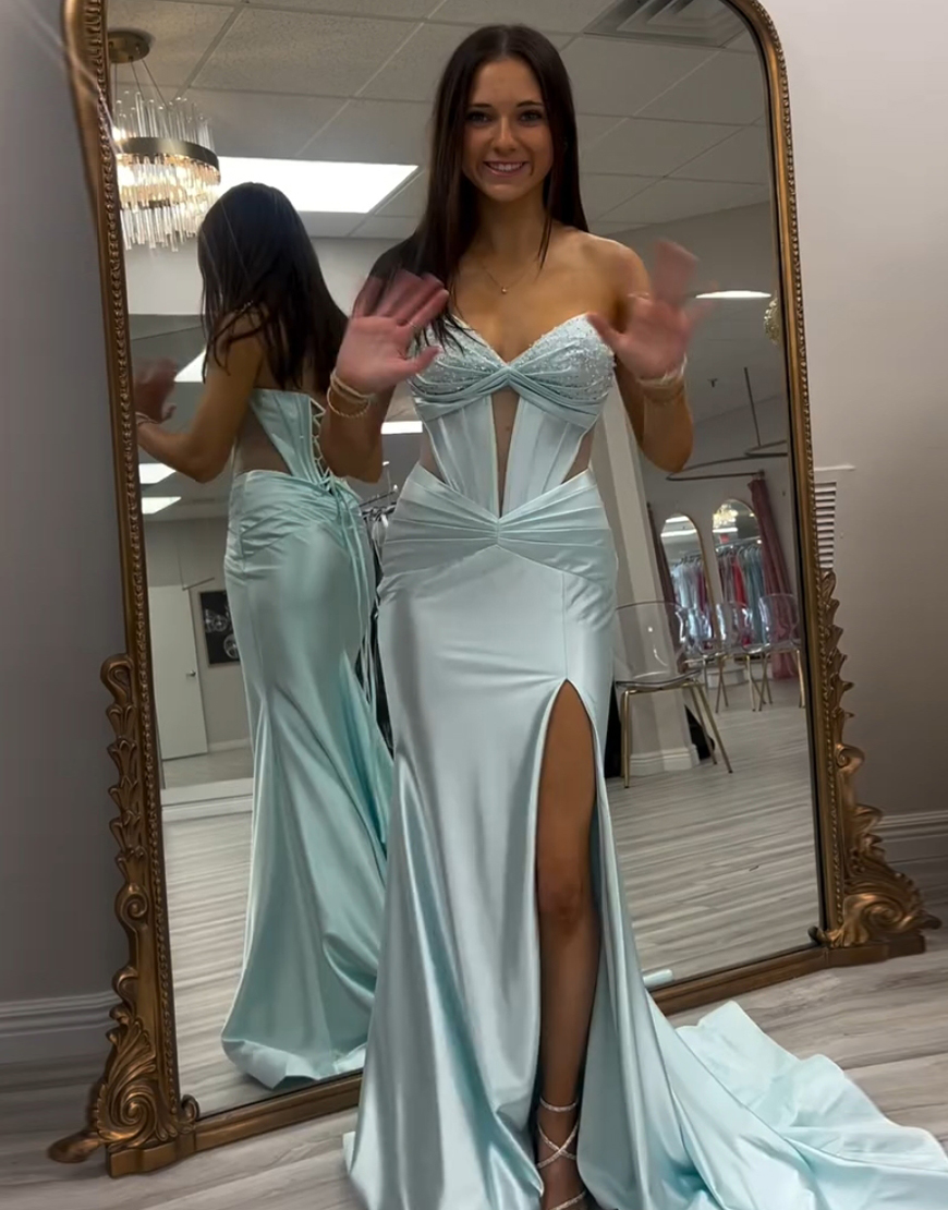 Sparkly Light Green Mermaid Sequined Strapless Hollow Out Corset Long Prom Dress with Slit