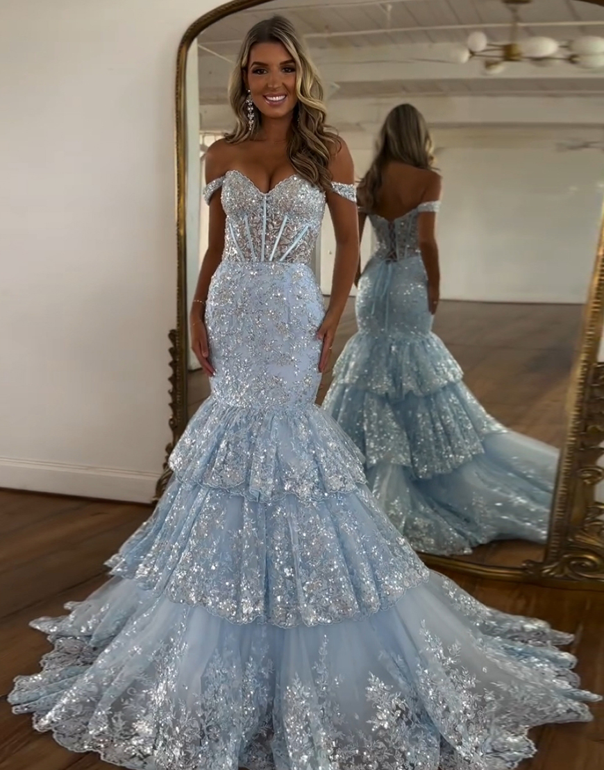 Sparkly Light Blue Mermaid Off the Shoulder Corset Sequined Ruffles Long Prom Dress