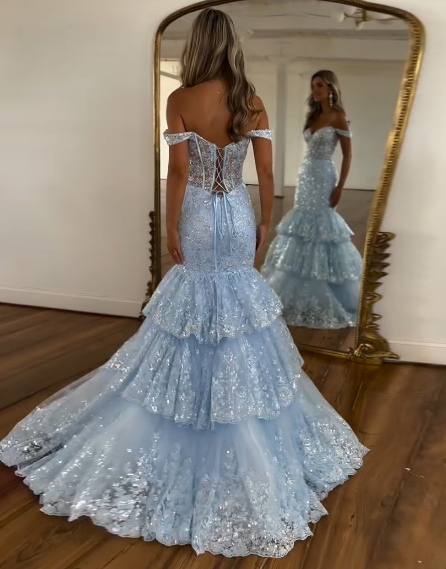 Sparkly Light Blue Mermaid Off the Shoulder Corset Sequined Ruffles Long Prom Dress