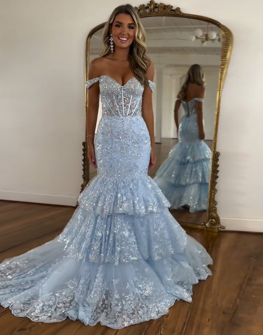 Sparkly Light Blue Mermaid Off the Shoulder Corset Sequined Ruffles Long Prom Dress