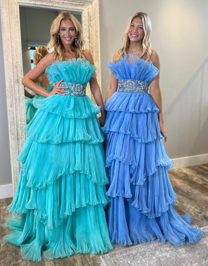 Sparkly Blue A-Line Ruffles Strapless Empire Waist Long Prom Dress