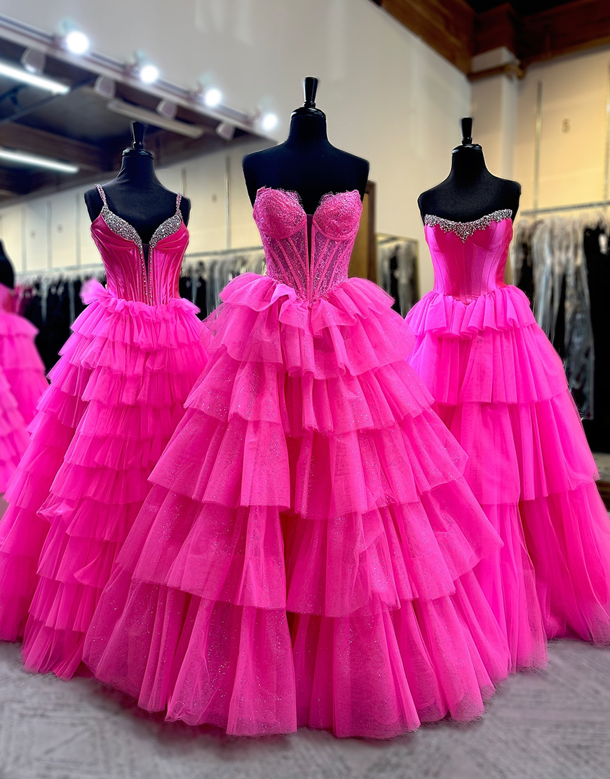 Sparkly Fuchsia A-Line Strapless Ruffles Corset Tulle Long Prom Dress