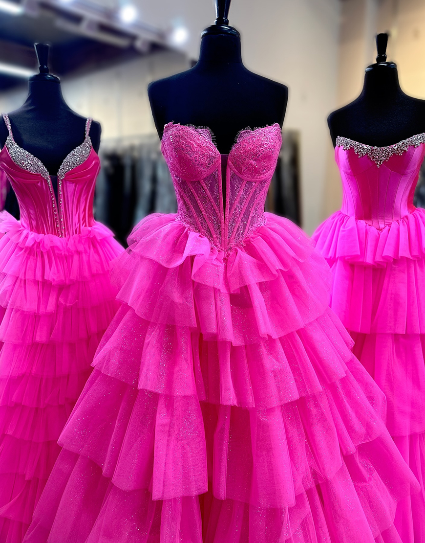Sparkly Fuchsia A-Line Strapless Ruffles Corset Tulle Long Prom Dress
