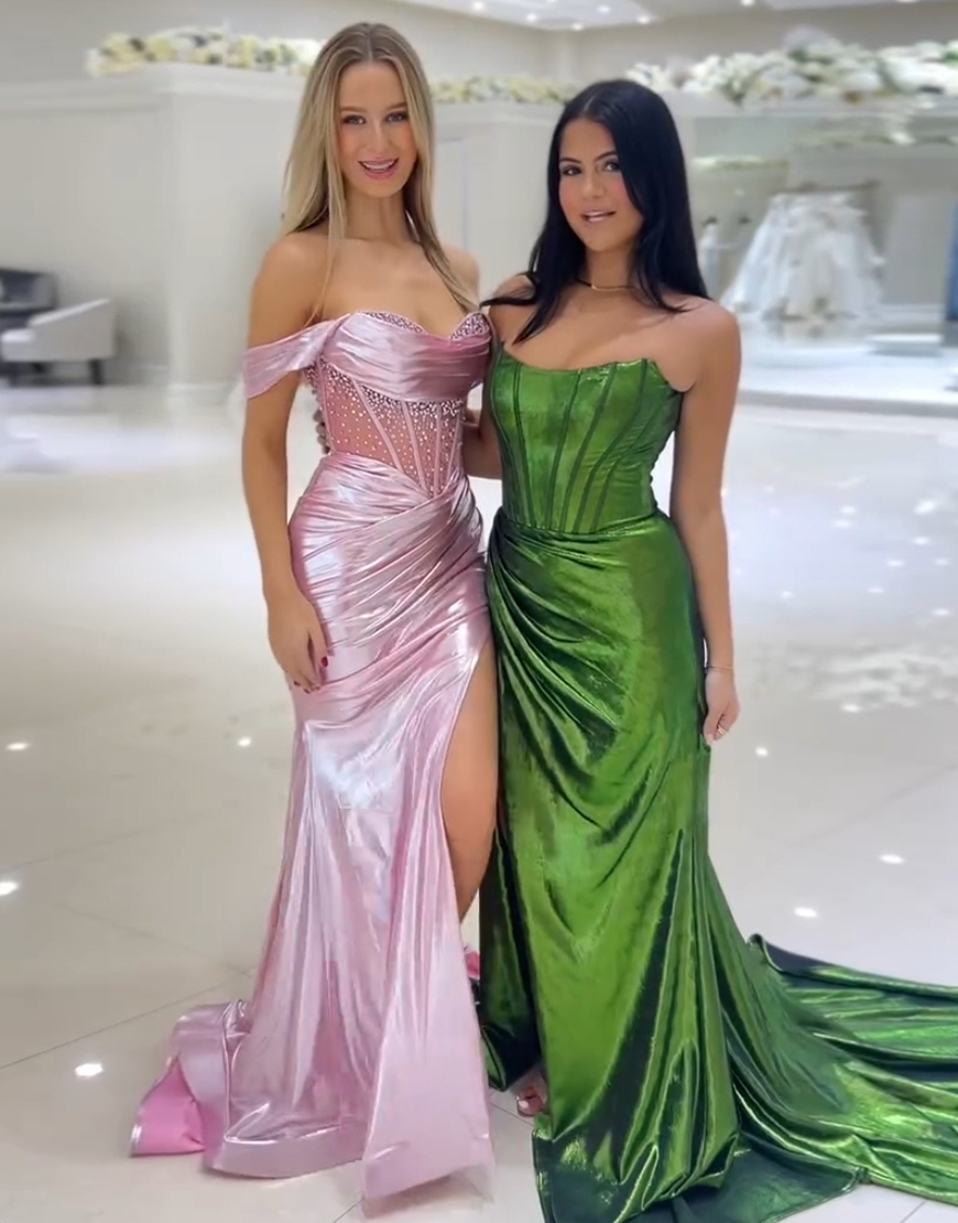 Sparkly Pink Mermaid Off the Shoulder Beaded Corset Ruched Long Prom Dress with Slit