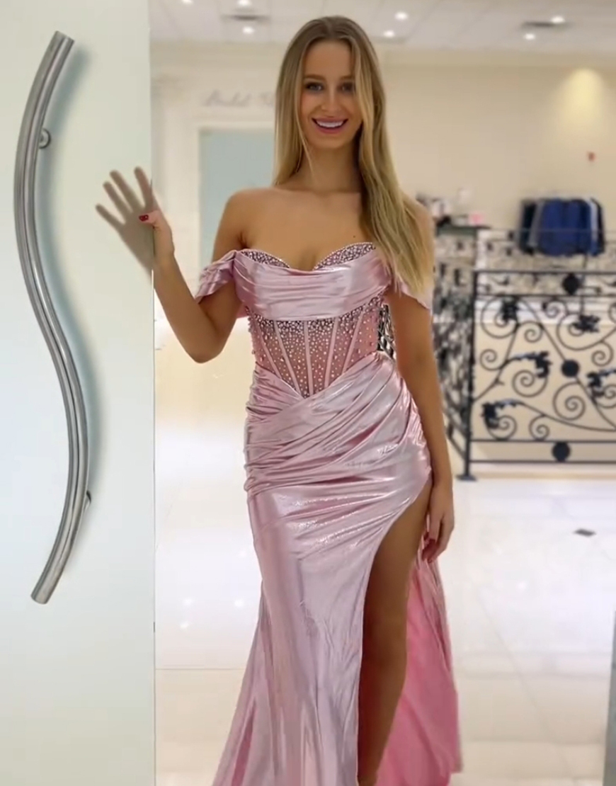 Sparkly Pink Mermaid Off the Shoulder Beaded Corset Ruched Long Prom Dress with Slit