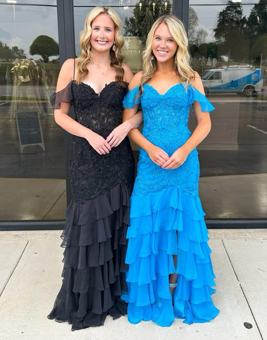 Sparkly Blue Mermaid Off the Shoulder Appliques Corset Beaded Ruffles Long Prom Dress with Slit