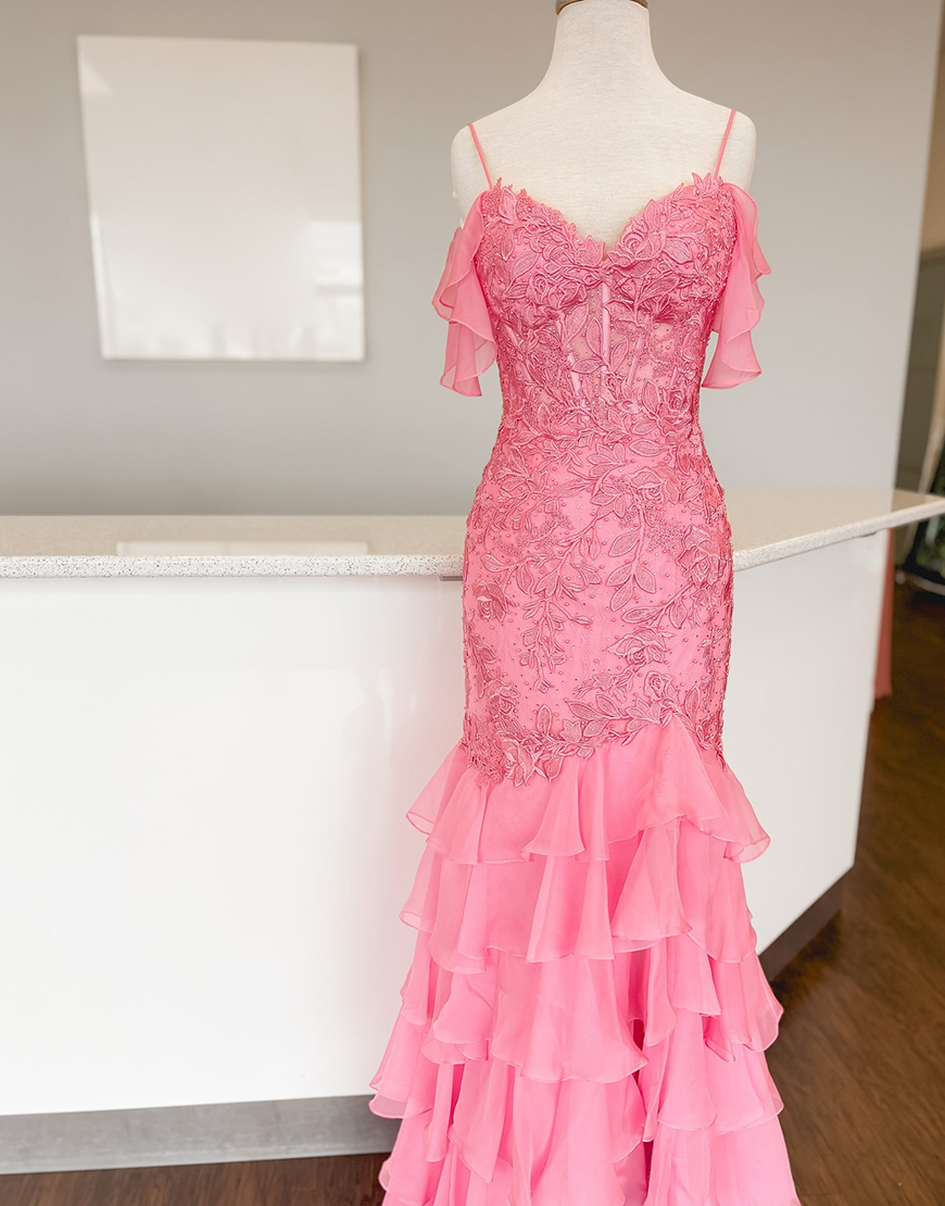 Sparkly Blue Mermaid Off the Shoulder Appliques Corset Beaded Ruffles Long Prom Dress with Slit