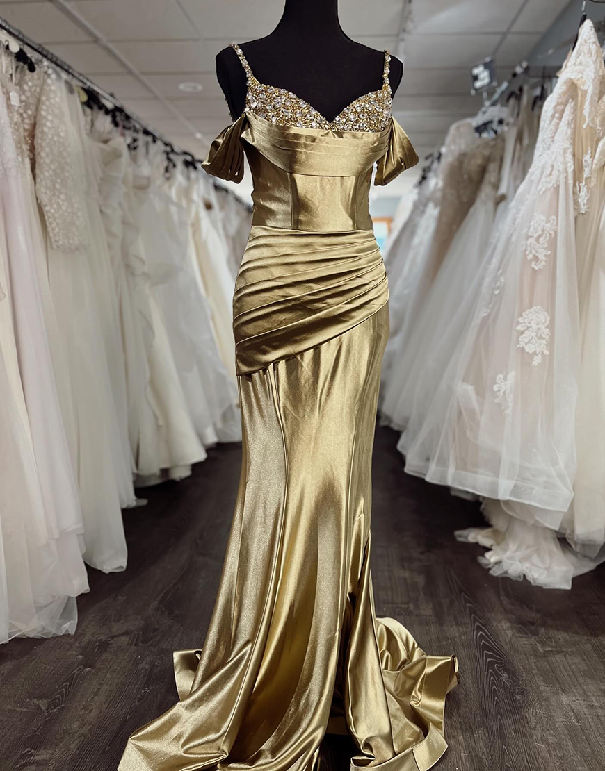 Sparkly Gold Spaghetti Straps Ruched Long Prom Dress with Rhinestones