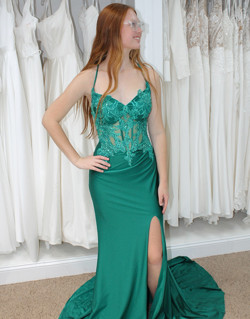 Emerald Green Mermaid Spaghetti Straps Appliques Long Prom Dress with Side Slit
