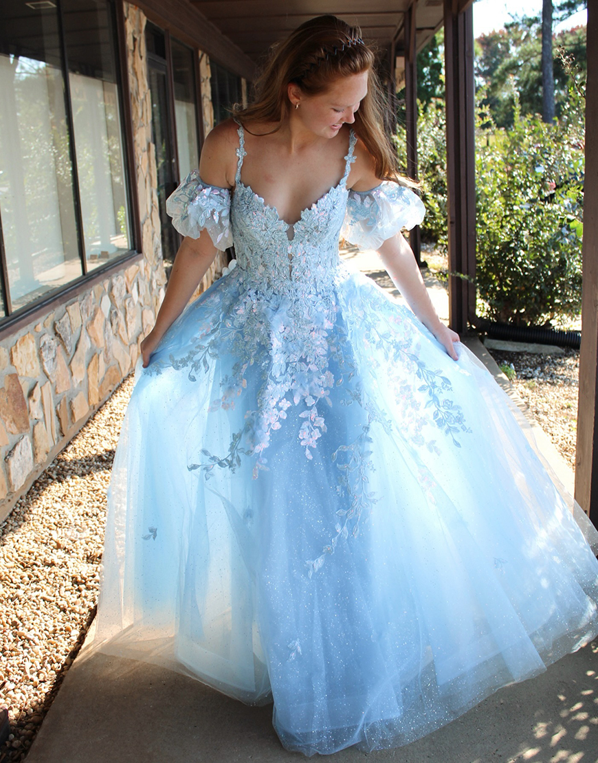 Sparkly Light Blue A-Line Sweetheart Spaghetti Straps Tulle Long Prom Dress with Appliques