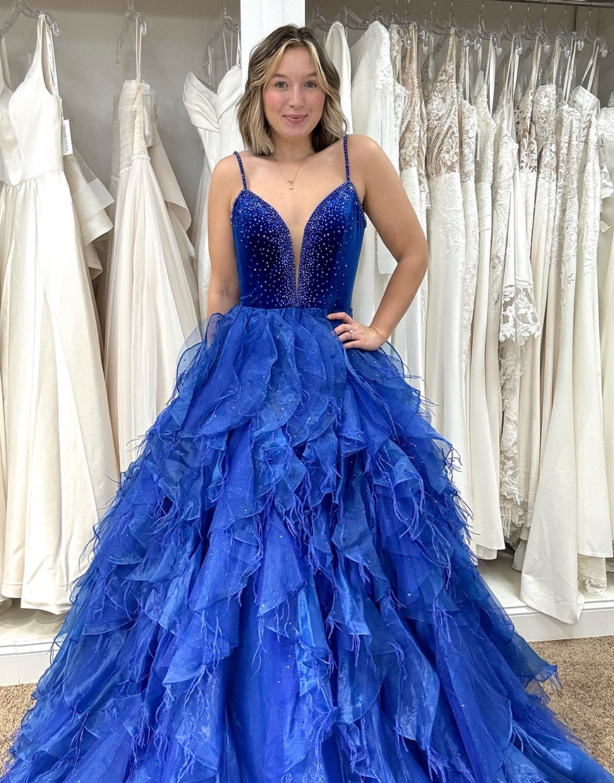 Sparkly Royal Blue A-Line Spaghetti Straps Ruffles Tulle Long Prom Dress With Sequins