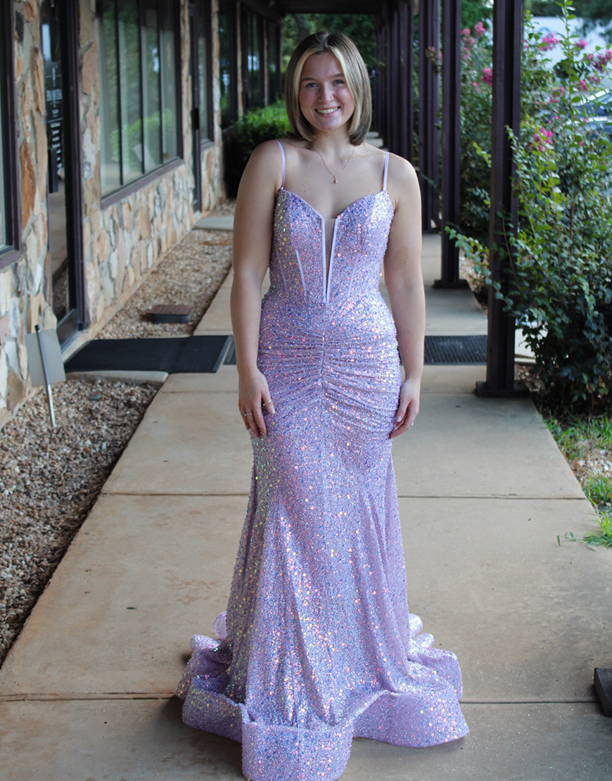 Sparkly Lilac Mermaid Spaghetti Straps Ruched Long Prom Dress With Sequins Ruffles 