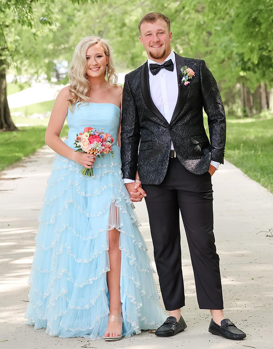 A-Line Sweetheart Light Blue Strapless Corset Long Prom Dress with Tiered Tulle Slit