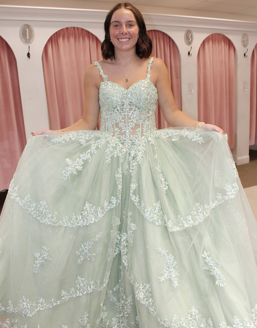 Light Green A-Line Spaghetti Straps Corset Long Prom Dress with Tiered Appliques Tulle