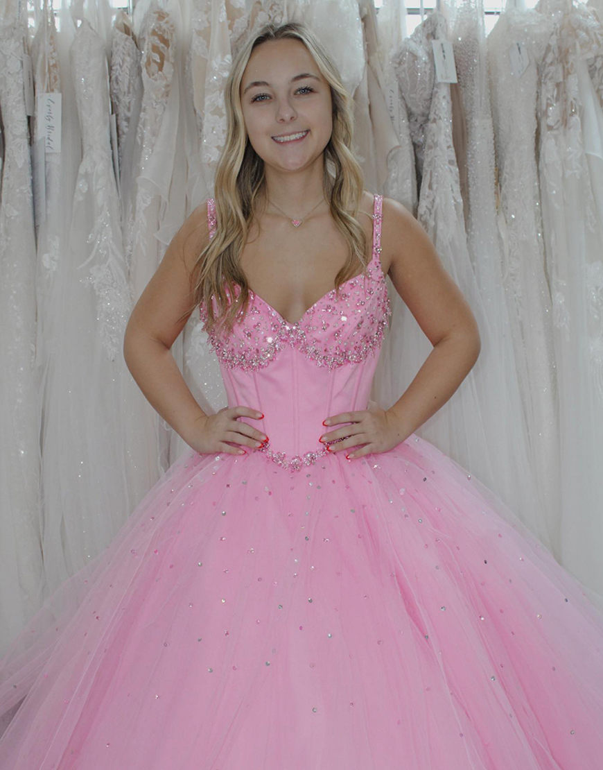 Sparkly Pink Spaghetti Straps A-Line Tulle Long Prom Dress with Rhinestones
