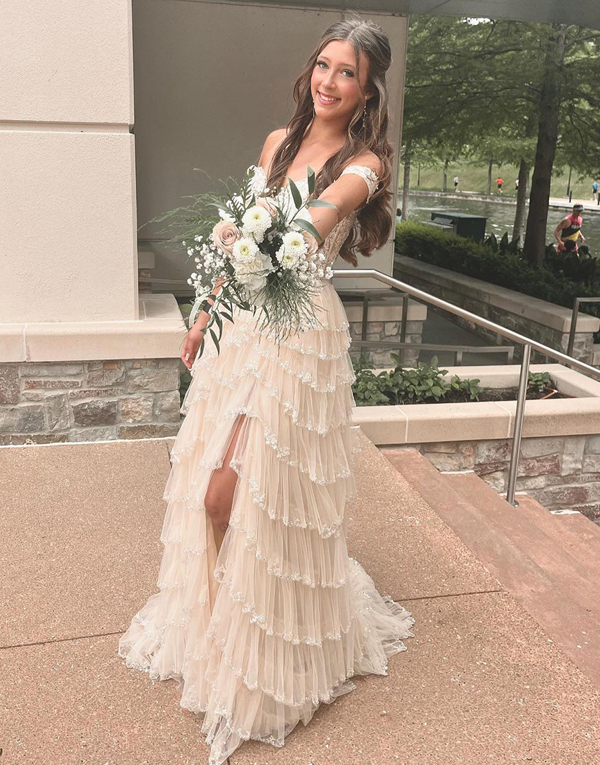 Beige Tiered Tulle A-Line Sweetheart Off The Shoulder Sequins Long Prom Dress with Slit