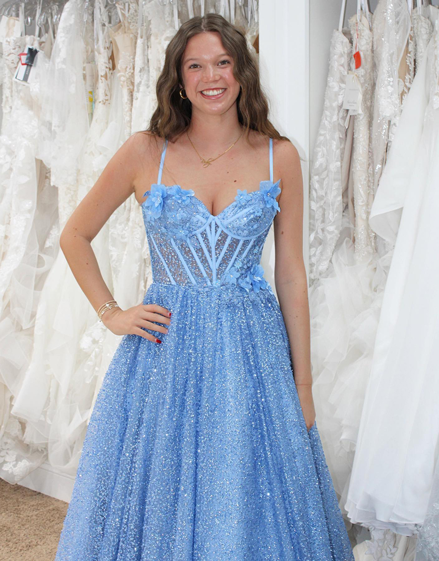 Sparkly Blue A-Line Sweetheart Spaghetti Straps Corset Long Prom Dress with Sequins Appliques