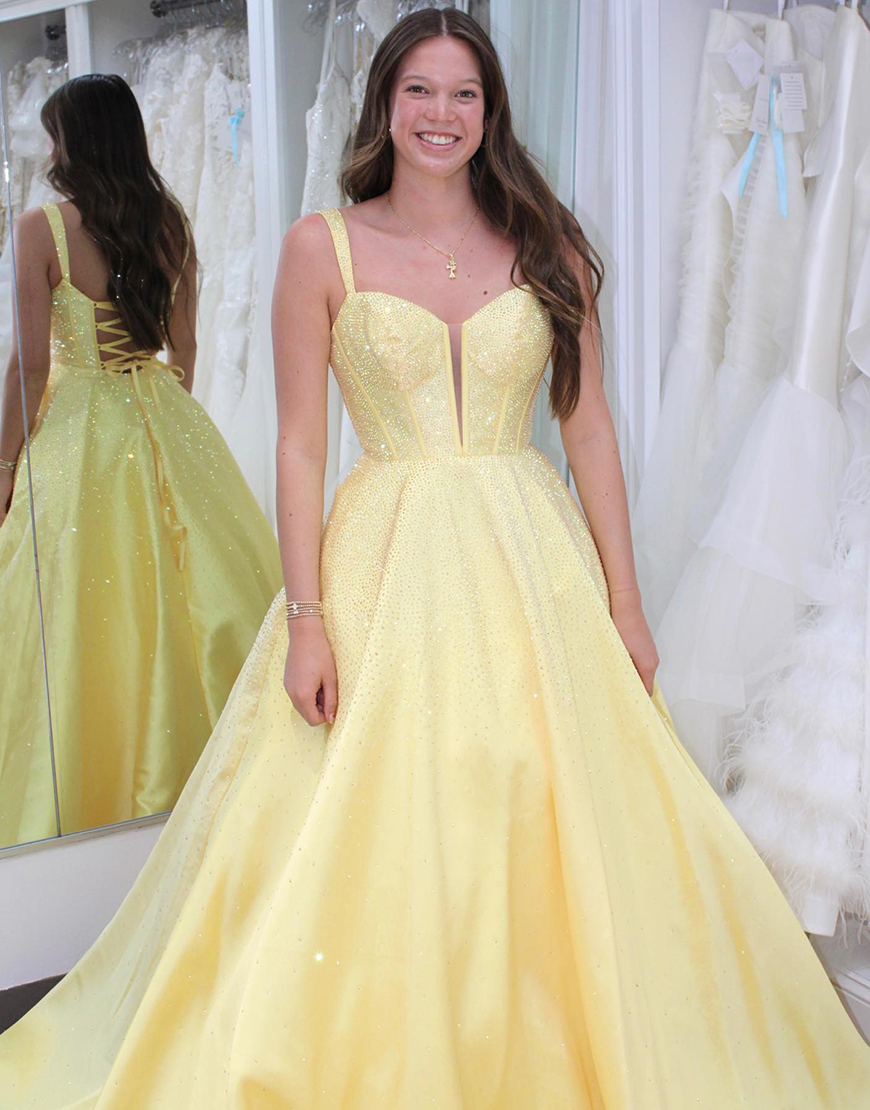 Sparkly Yellow A-Line Sweetheart Spaghetti Straps Long Prom Dress with Sequins