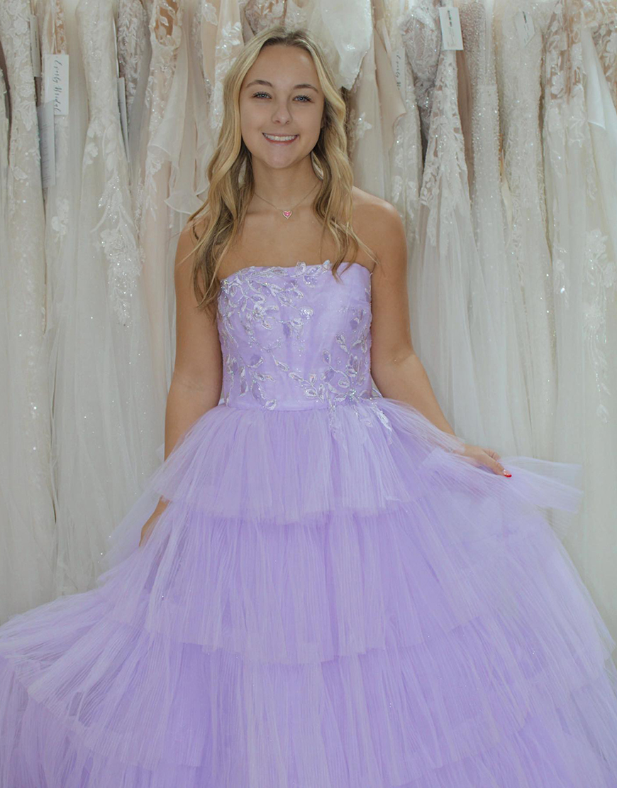 Lilac A-Line Tiered Tulle Strapless Tulle Long Prom Dress with Sequins Appliques