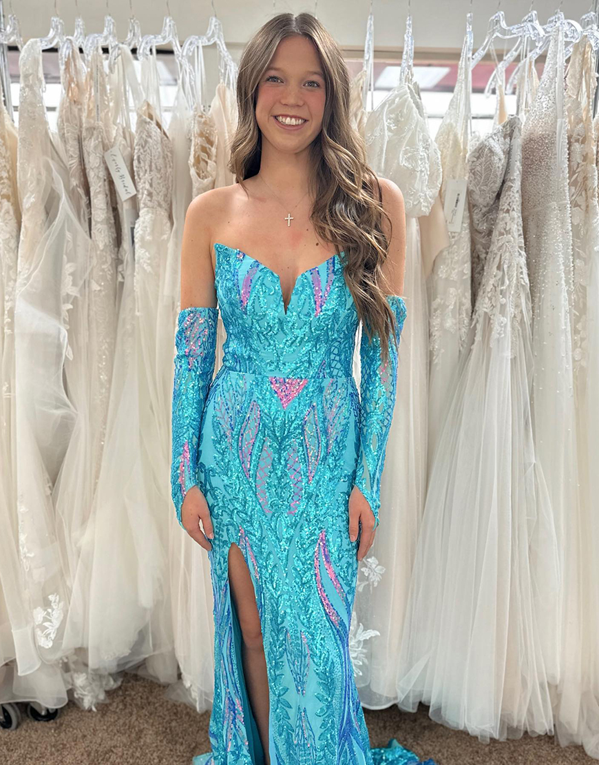 Sparkly Blue Mermaid Strapless Corset Sequins Appliques Split Long Prom Dress with Detachable Sleeves