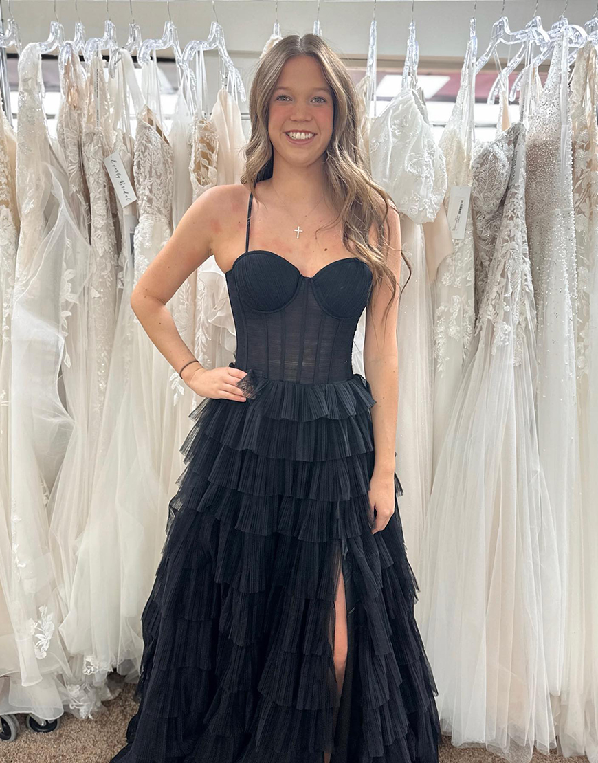 A-Line Black Spaghetti Straps Corset Split Long Prom Dress with Tiered Tulle