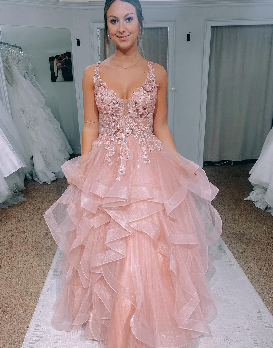Sparkly Blush A-Line Straps Corset Ruffle Long Prom Dress With Appliques