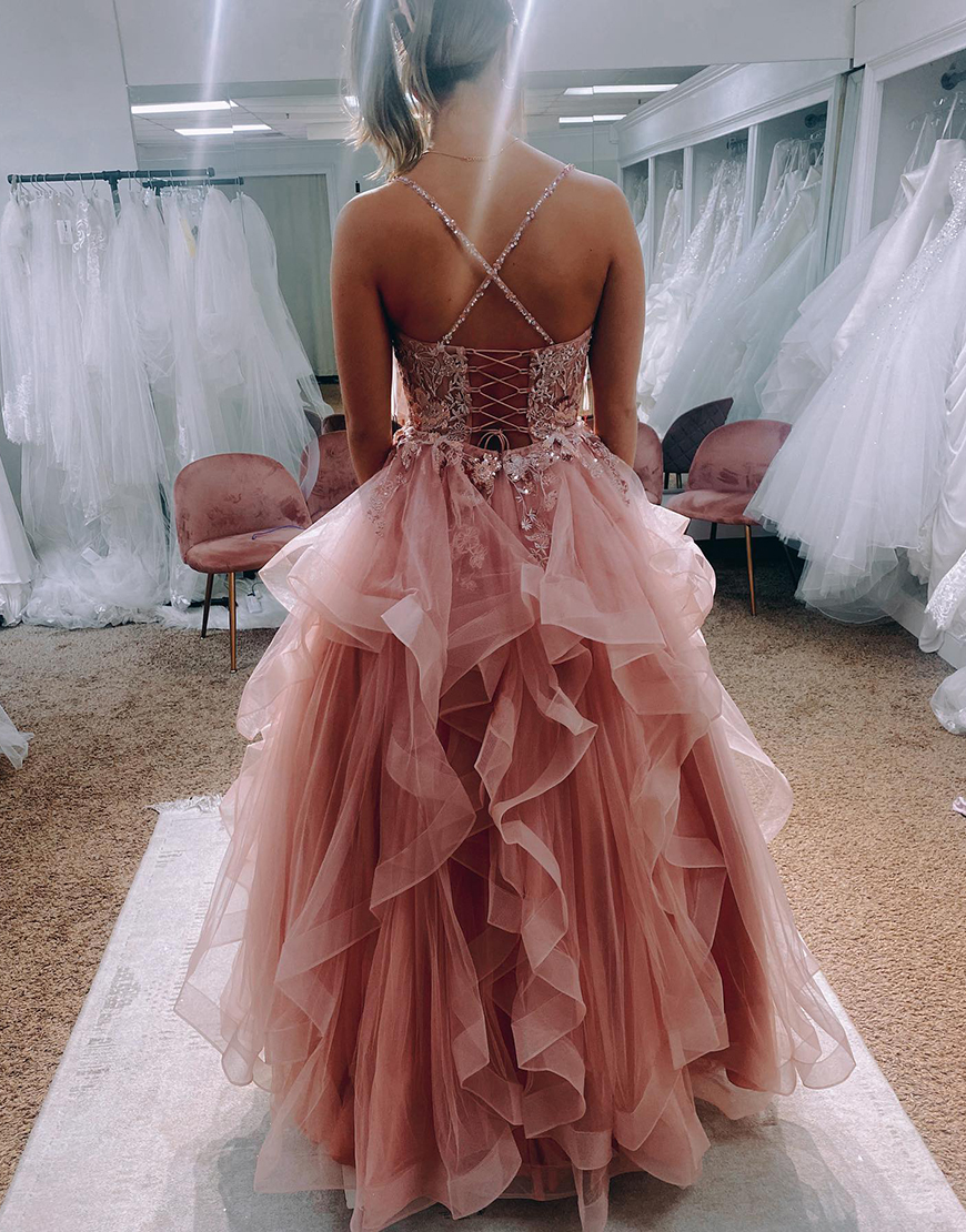 Sparkly Blush A-Line Straps Corset Ruffle Long Prom Dress With Appliques