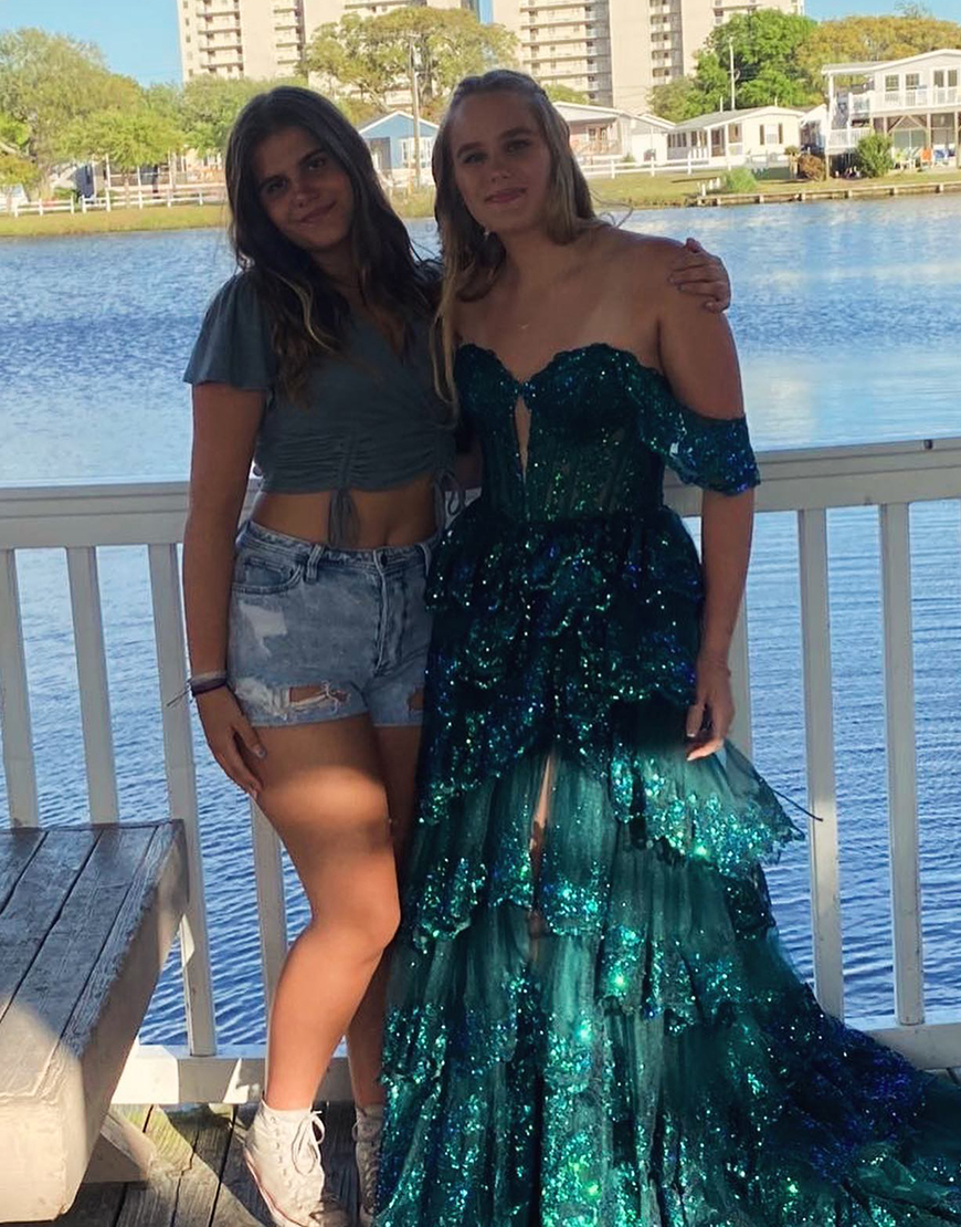 Sparkly Royal Blue A-Line Off The Shoulder Corset Applique Ruffle Long Prom Dress With Slit