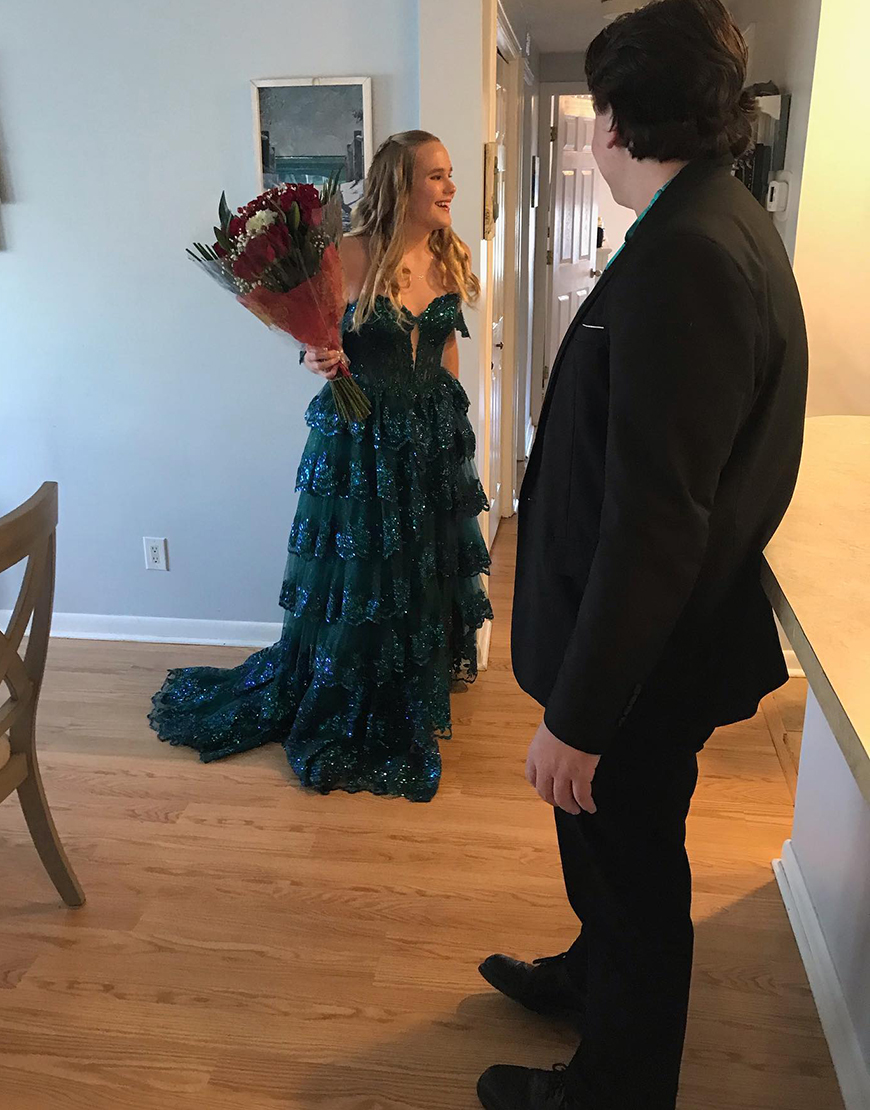 Sparkly Royal Blue A-Line Off The Shoulder Corset Applique Ruffle Long Prom Dress With Slit