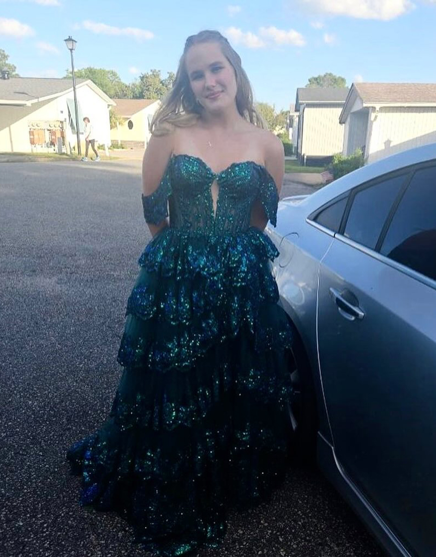 Sparkly Royal Blue A-Line Off The Shoulder Corset Applique Ruffle Long Prom Dress With Slit