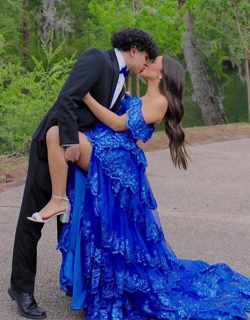 Sparkly Royal Blue A-Line Off The Shoulder Corset Applique Ruffle Long Prom Dress With Slit