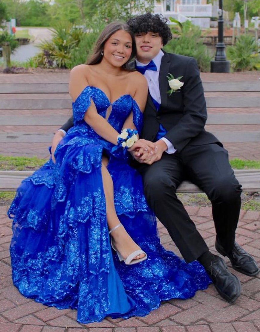 Sparkly Royal Blue A-Line Off The Shoulder Corset Applique Ruffle Long Prom Dress With Slit