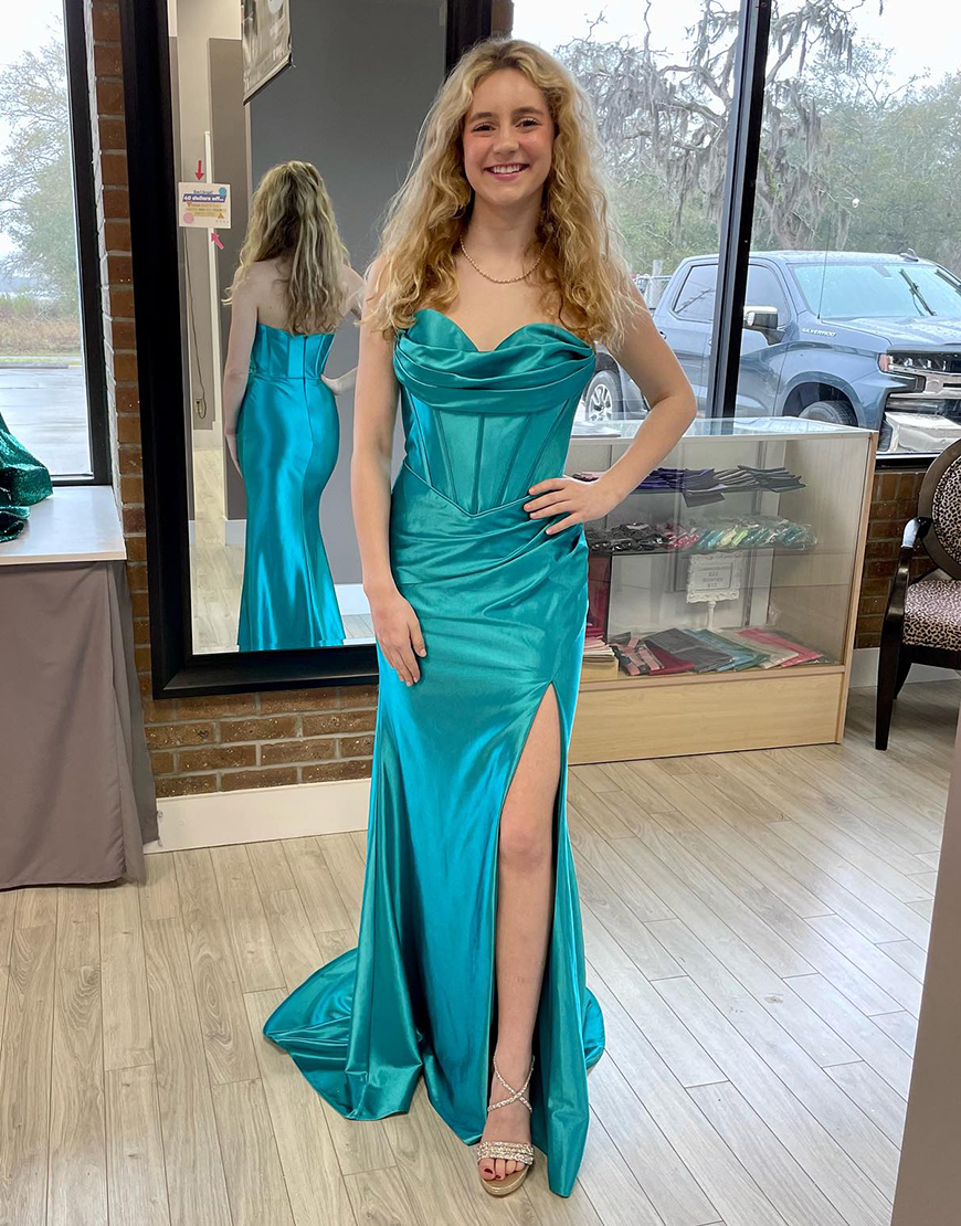 Elegant Green Mermaid Strapless Corset Ruched  Long Prom Dress with Side Slit
