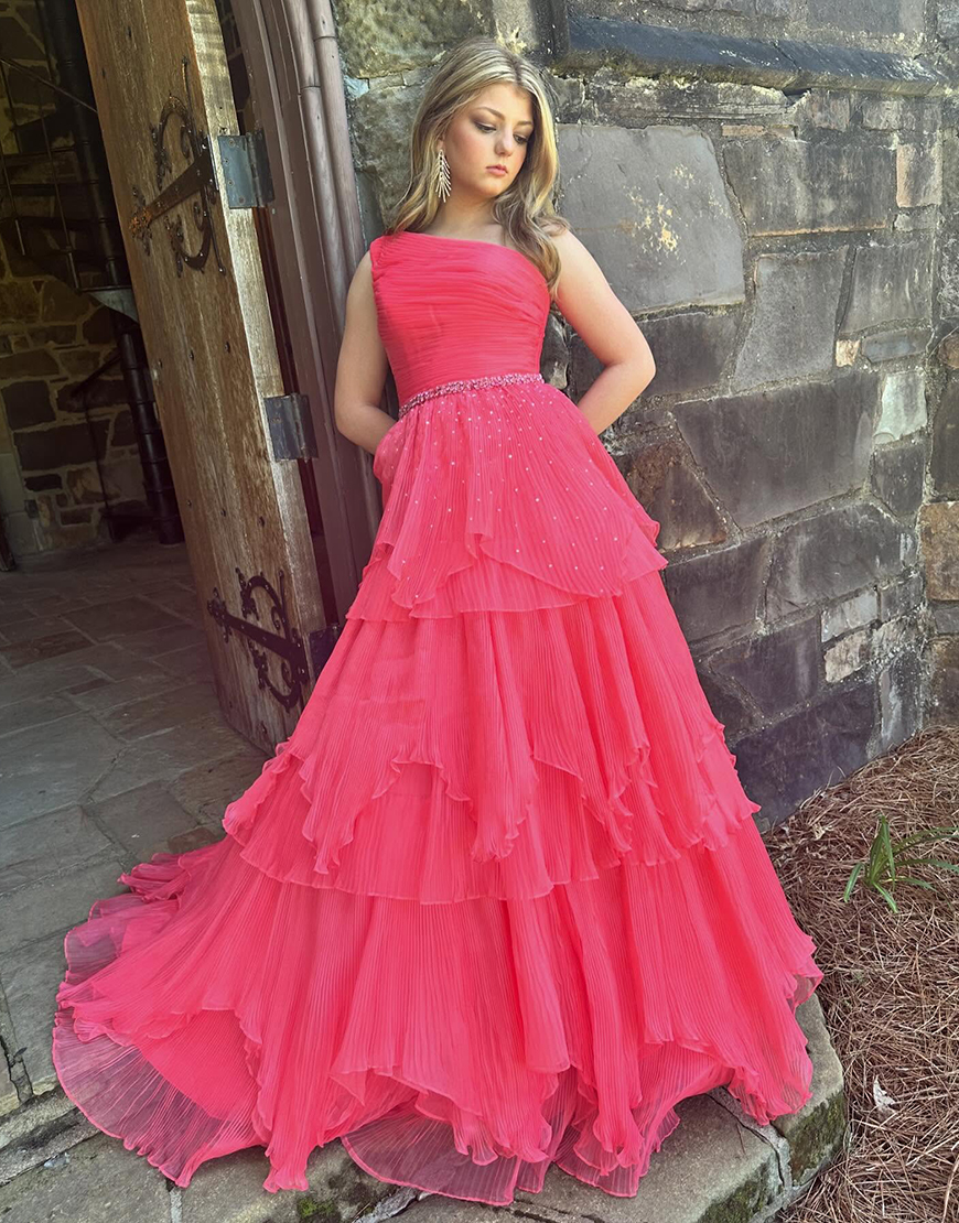 Sparkly Fuchsia A-Line One Shoulder Corset Ruffle Long Prom Dress With Beading
