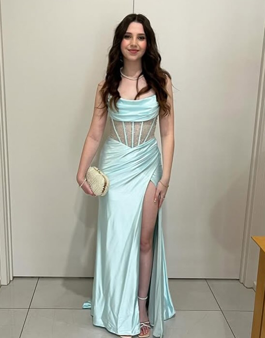 Sparkly Green Mermaid Lace-Up Corset Ruched Long Prom Dress with Slit